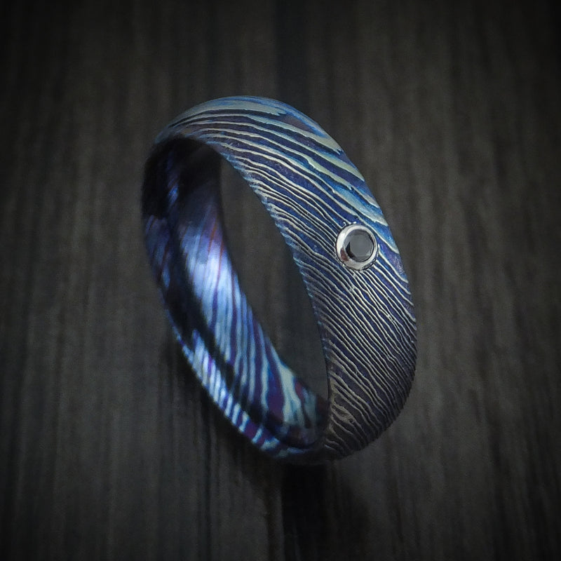 Kuro-Ti Twisted Titanium Etched and Heat-Treated Men's Ring with Black Diamond Custom Made Band