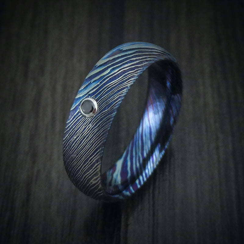 Kuro-Ti Twisted Titanium Etched and Heat-Treated Men's Ring with Black Diamond Custom Made Band