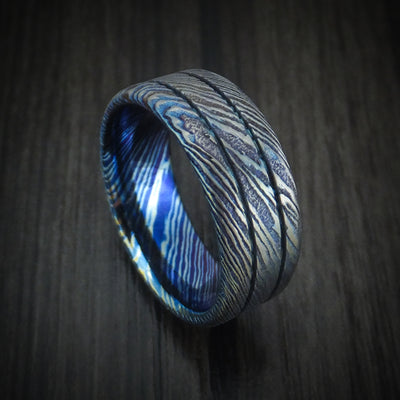 Kuro-Ti Heat-Treated Titanium Damascus Men's Ring with Grooves Custom Made Band