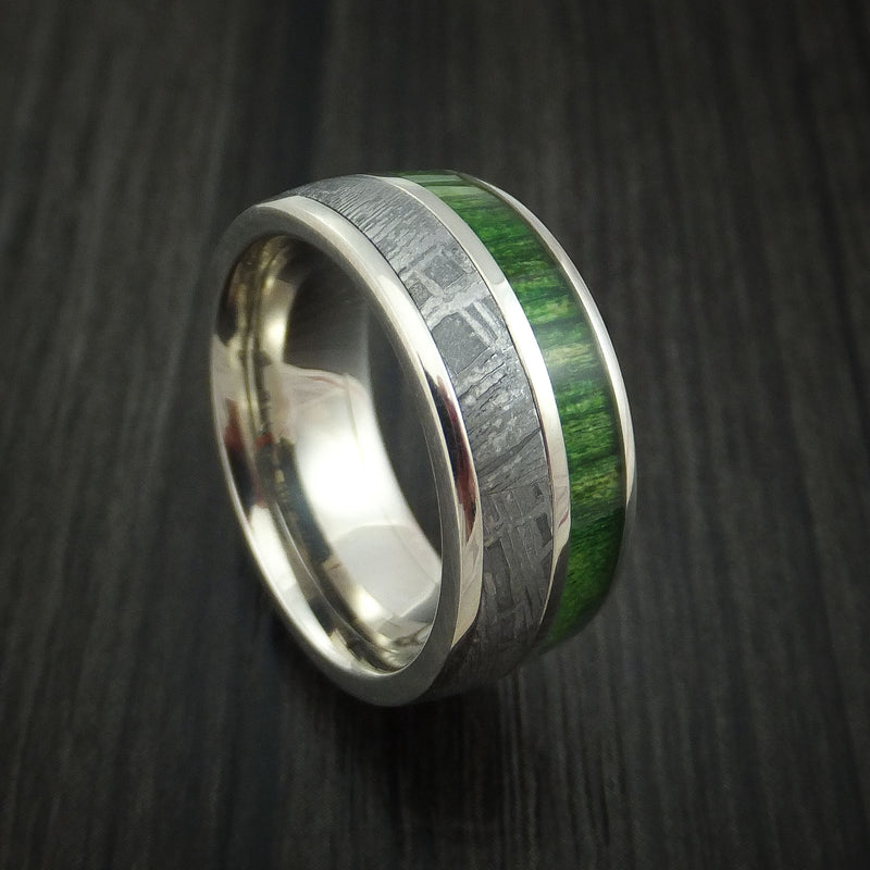 14k White Gold Men's Ring with Gibeon Meteorite and Jade Wood Inlays C ...