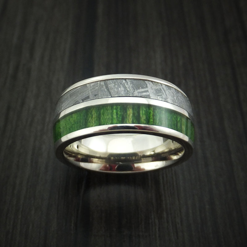 14k White Gold Ring with Gibeon Meteorite and Jade Wood Inlays Custom Made