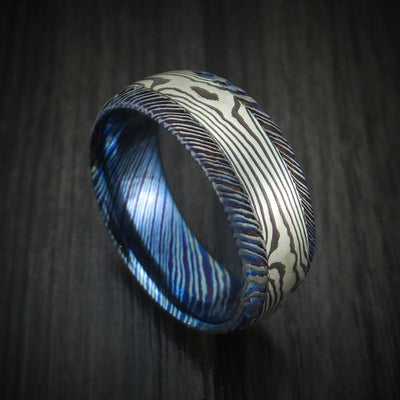 Kuro-Ti Heat-Treated Titanium Damascus Men's Ring with Mokume Gane Inlay Custom Made Band