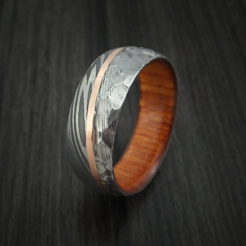 Damascus Steel and Angled 14k Rose Gold Ring with Rock Hammer Finish and Osage Orange Wood Sleeve Custom Made Band