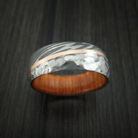 Damascus Steel and Angled 14k Rose Gold Ring with Rock Hammer Finish and Osage Orange Wood Sleeve Custom Made Band