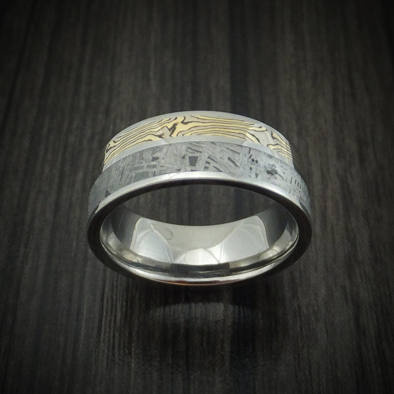 Titanium Men's Ring with Mokume Gane and Meteorite Custom Made
