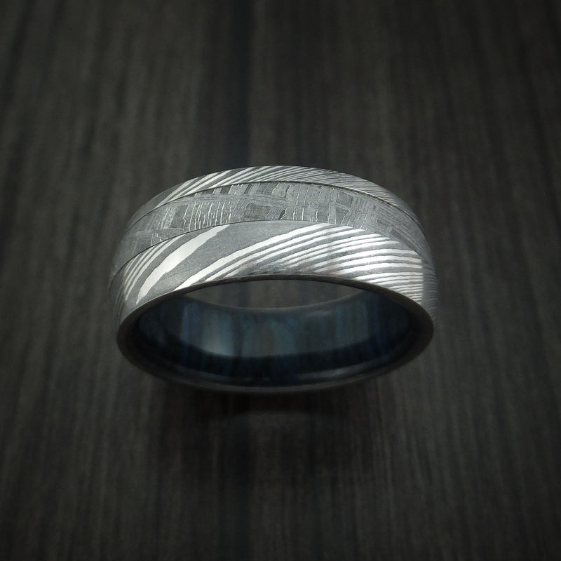 Damascus Steel Ring with Gibeon Meteorite and Blueberry Hardwood Sleeve Custom Made Band