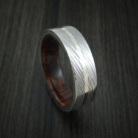 Damascus Steel and 14k White Gold Ring with Desert Ironwood Burl Wood Hardwood Sleeve Custom Made Band