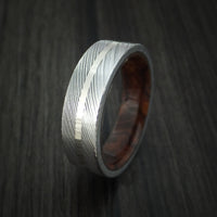 Damascus Steel and 14k White Gold Ring with Desert Ironwood Burl Wood Hardwood Sleeve Custom Made Band