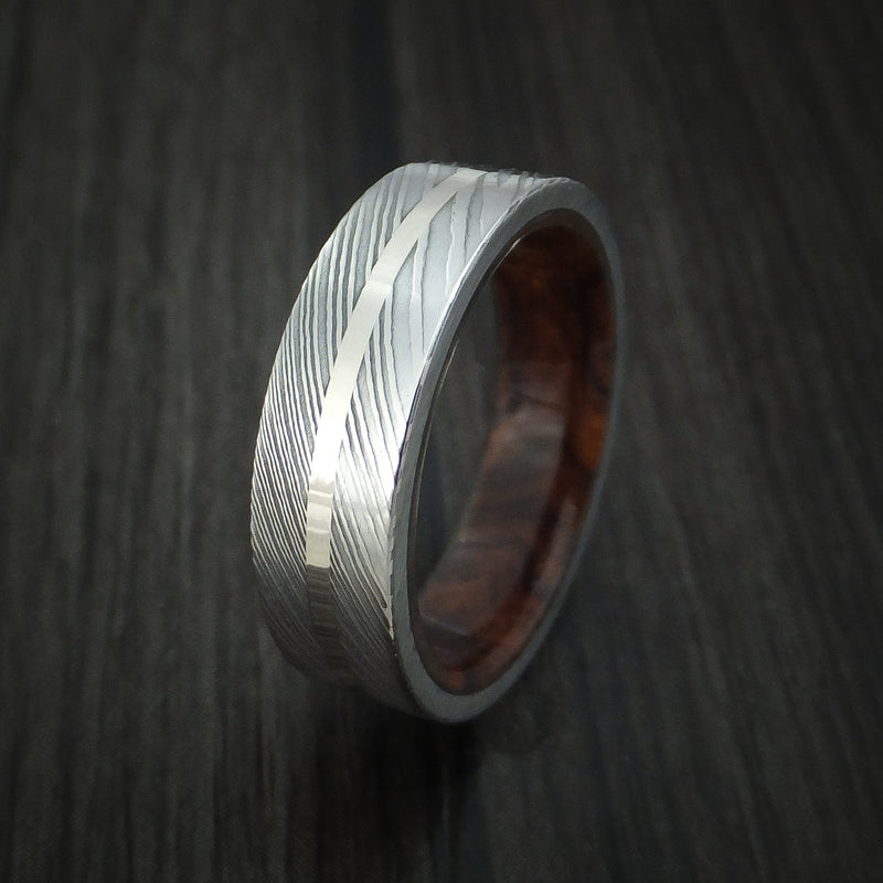 Damascus Steel and 14k White Gold Ring with Desert Ironwood Burl Wood Hardwood Sleeve Custom Made Band