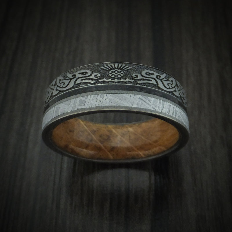Titanium Dragon Celtic Men's Ring with Meteorite and Dinosaur Bone along with a Hardwood Sleeve