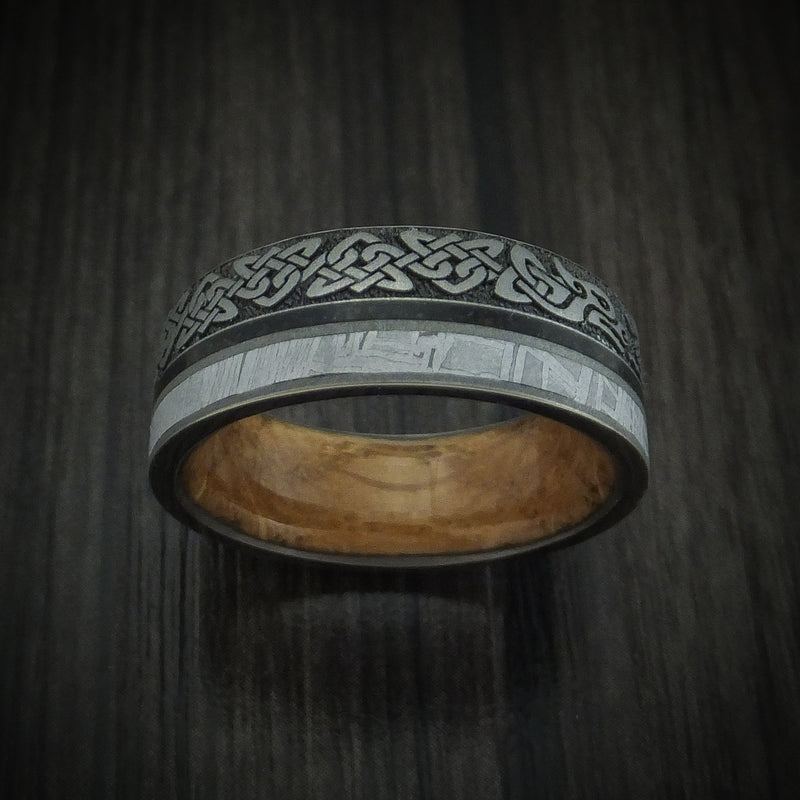 Titanium Dragon Celtic Men's Ring with Meteorite and Dinosaur Bone along with a Hardwood Sleeve