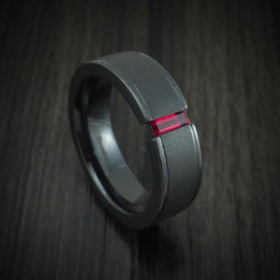 Black Titanium or Black Zirconium Custom Men's Ring with a Baguette Cut Ruby