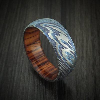 Kuro-Ti Heat-Treated Titanium Damascus Men's Ring With Hardwood Sleeve Custom Made Band