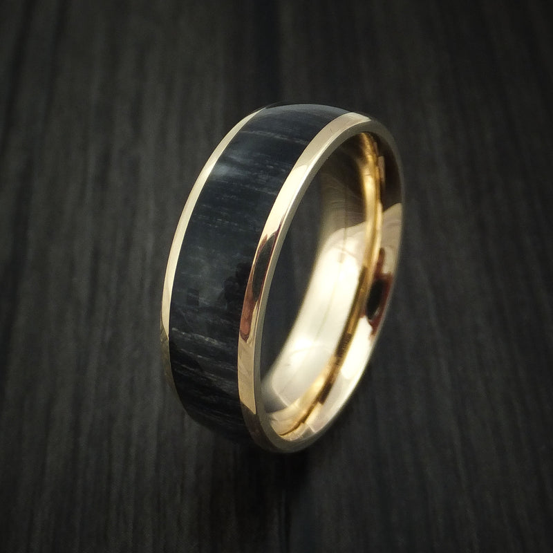 14k Yellow Gold Ring with Charcoal Wood Inlay Custom Made Band