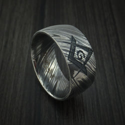 Kuro Damascus Steel Masonic Emblem Ring Custom Made Band