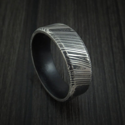 Kuro Damascus Steel Ring with Dark Grey Cerakote Sleeve Custom Made Band