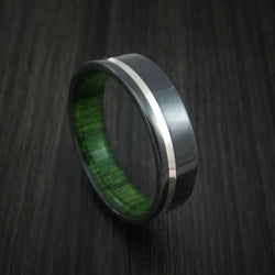 Black Zirconium Ring with Silver Inlay and Jade Wood Sleeve Made to Any Sizing and Finish