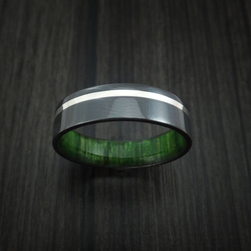 Black Titanium Men's Ring with Silver Inlay and Jade Wood Sleeve Made to Any Sizing and Finish