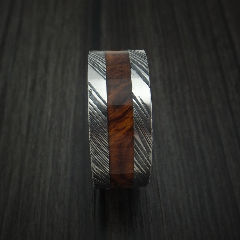 Kuro Damascus Steel Ring with Desert Ironwood Burl Inlay and Sleeve Custom Made Thick Band