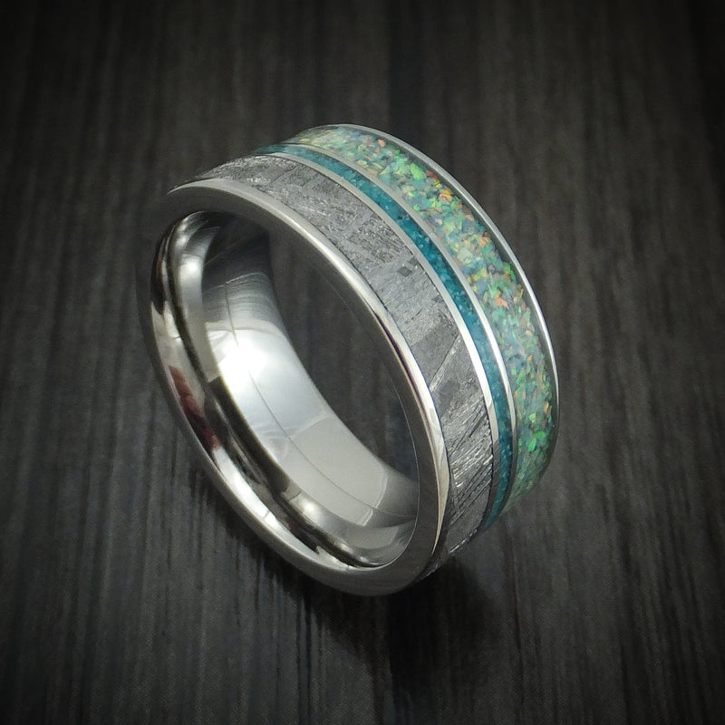 Titanium Opal And Gibeon Meteorite Men's Ring With Turquoise Inlay Custom Made Band