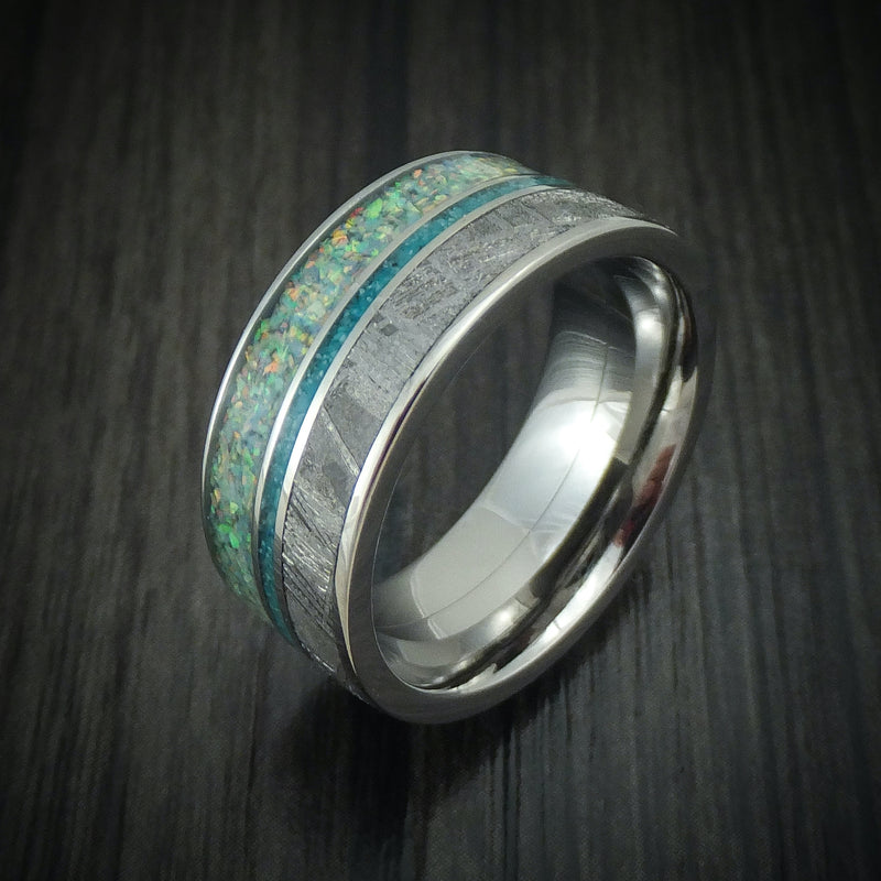 Titanium Opal And Gibeon Meteorite Men's Ring With Turquoise Inlay Custom Made Band