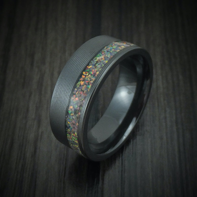 Black Zirconium and Opal Men's Ring Custom Made Band