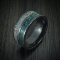 Black Titanium with Gibeon Meteorite and Opal Men's Ring Custom Made Band