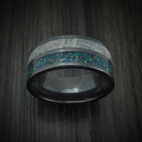 Black Zirconium with Gibeon Meteorite and Opal Men's Ring Custom Made Band