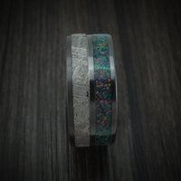 Black Titanium with Gibeon Meteorite and Opal Men's Ring Custom Made Band