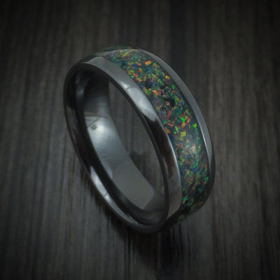 Black Titanium or Black Zirconium Custom Men's Ring with Crushed Opal Inlay