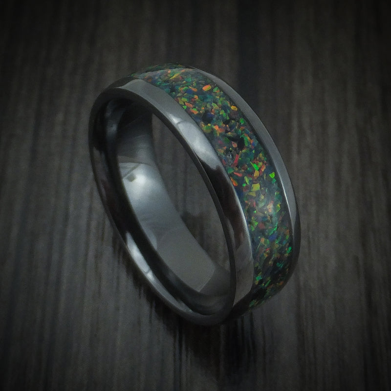 Black Zirconium And Opal Men's Ring Custom Made Band