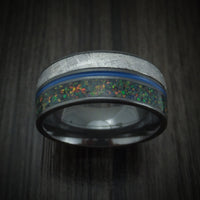 Black Zirconium Gibeon Meteorite and Opal Men's Ring with Cerakote Custom Made Band