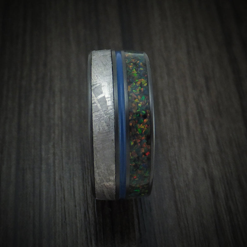 Black Titanium Gibeon Meteorite and Opal Men's Ring with Cerakote Custom Made Band