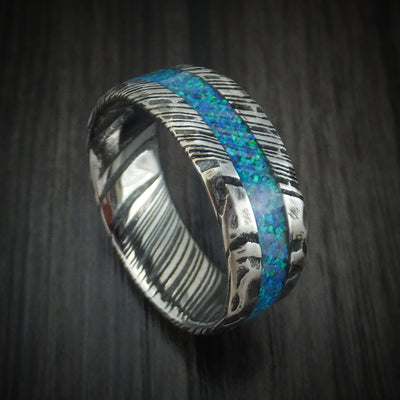 Woodgrain Kuro Damascus Steel Rock Hammer Finish Opal Men's Ring