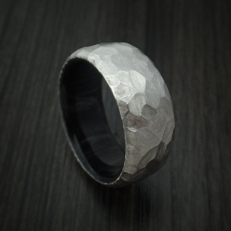 Cobalt Chrome and Charcoal Wood Sleeve Ring Rock Hammer Finish Custom Made Band