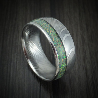 Damascus Steel Opal Men's Ring Custom Made Band