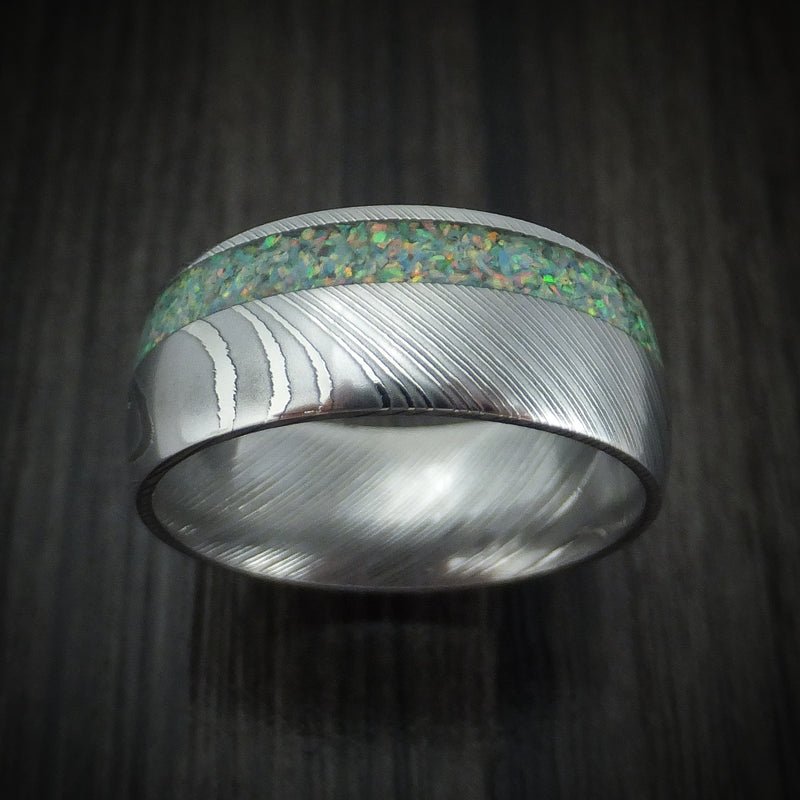 Damascus Steel Opal Men's Ring Custom Made Band