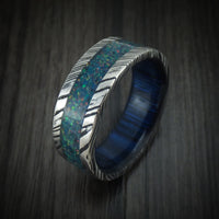 Kuro Damascus Steel Opal Men's Ring with Wood Sleeve Custom Made