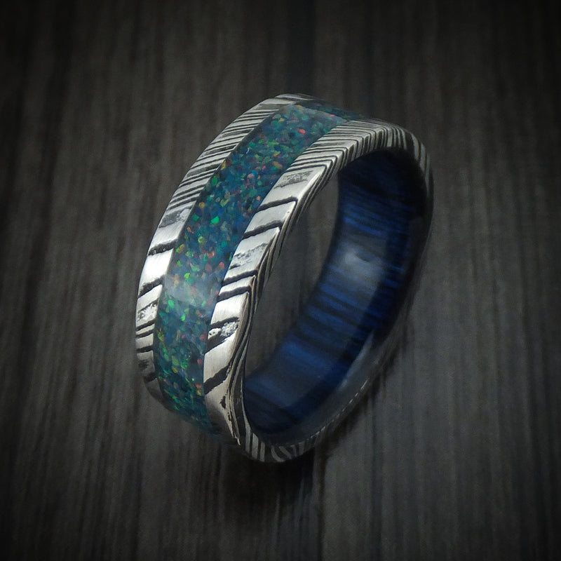 Kuro Damascus Steel Opal Men's Ring with Wood Sleeve Custom Made ...