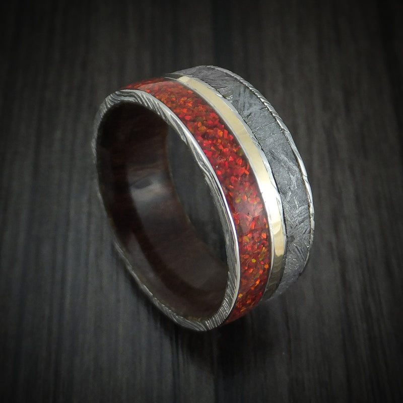 Damascus Steel Hardwood and Meteorite Men's Ring with Opal and Gold Custom Made Band