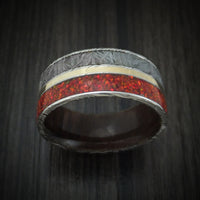 Damascus Steel Hardwood and Meteorite Men's Ring with Opal and Gold Custom Made Band