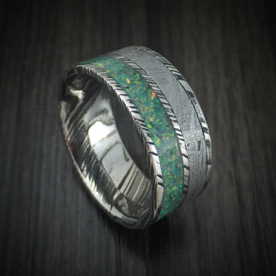 Woodgrain Kuro Damascus Steel and Meteorite Men's Ring with Opal Custom Made Band