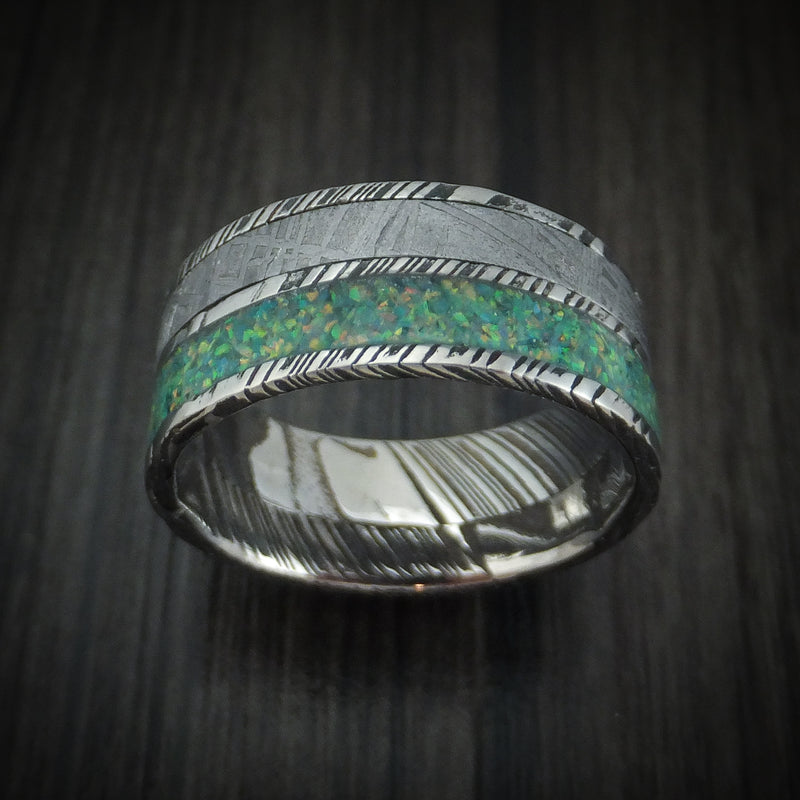 Kuro Damascus Steel and Meteorite Men's Ring with Opal Custom Made Band