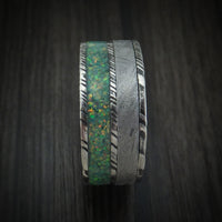 Kuro Damascus Steel and Meteorite Men's Ring with Opal Custom Made Band