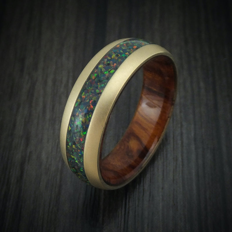 14K Gold and Opal Men's Ring with Wood Sleeve Custom Made Band