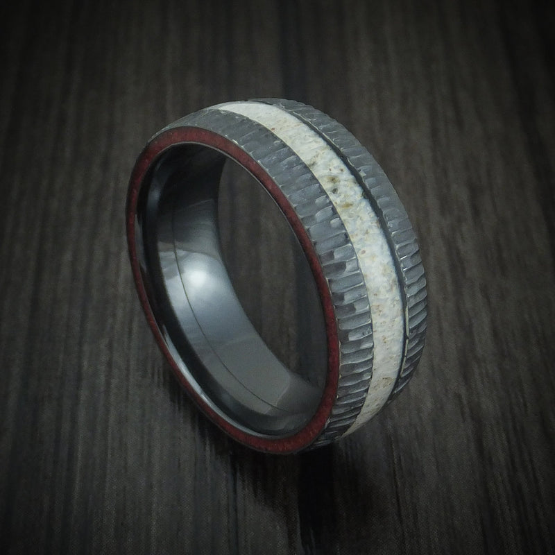 Black Titanium Antler and Stone Side Inlay Men's Ring Custom Made