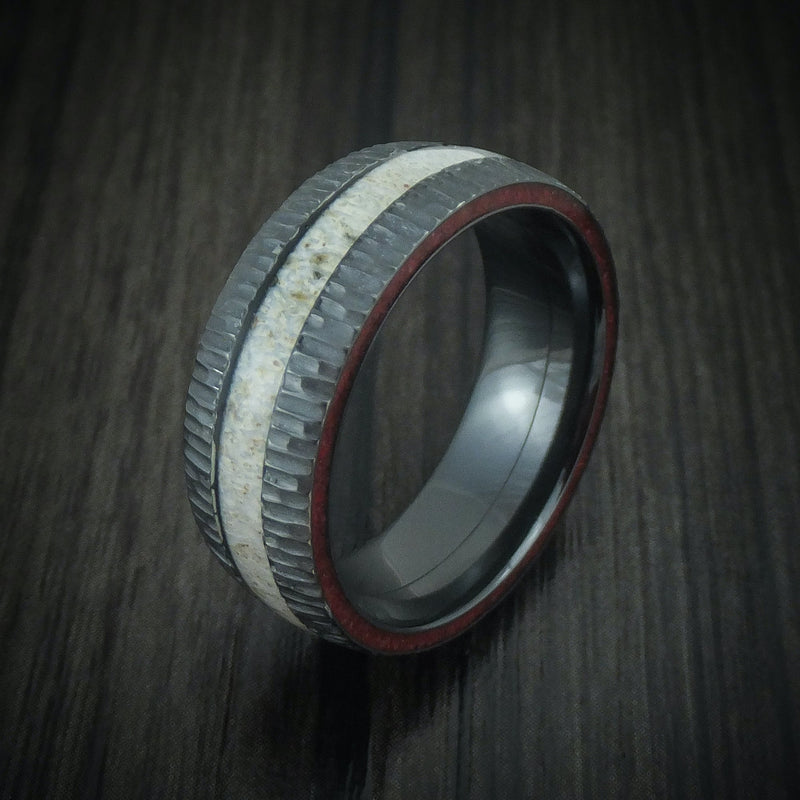 Black Titanium Antler and Stone Side Inlay Men's Ring Custom Made
