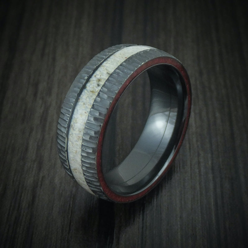 Black Zirconium Antler and Stone Side Inlay Men's Ring Custom Made