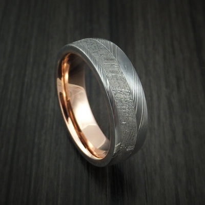 Damascus Steel Ring with Gibeon Meteorite and 14K Rose Gold Sleeve Custom Made Band