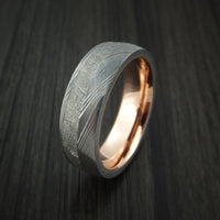 Damascus Steel Ring with Gibeon Meteorite and 14K Rose Gold Sleeve Custom Made Band